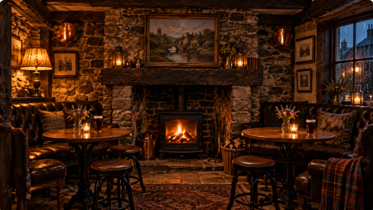 A cozy interior inspired by historic British pubs, with a glowing fireplace, exposed stone walls, dark timber beams, leather seating, wooden tables, and rain outside