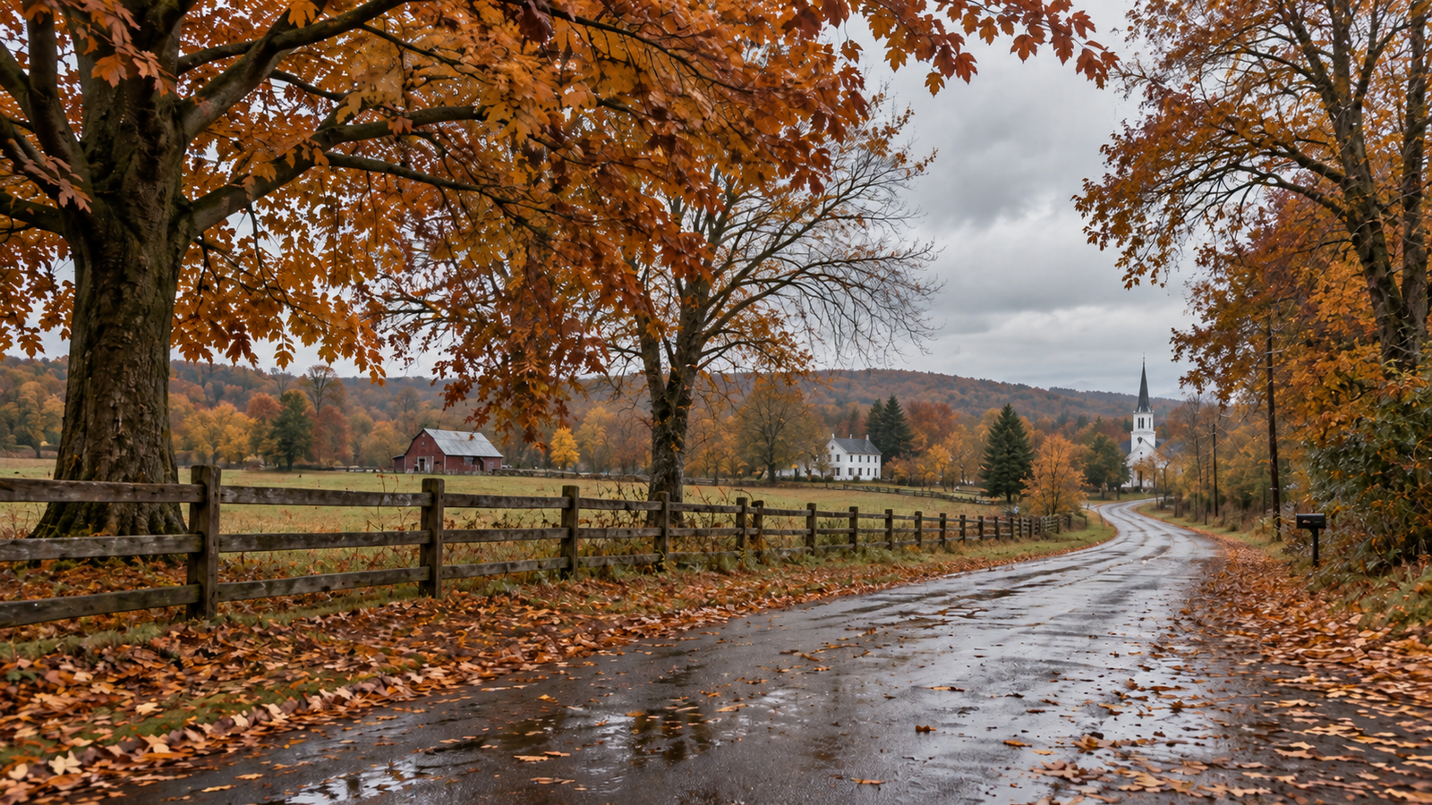 A quiet American country road in late October after rain, lined with orange and rust-colored trees, wooden fencing, a red barn, white farmhouse, and small white church beneath a gray autumn sky