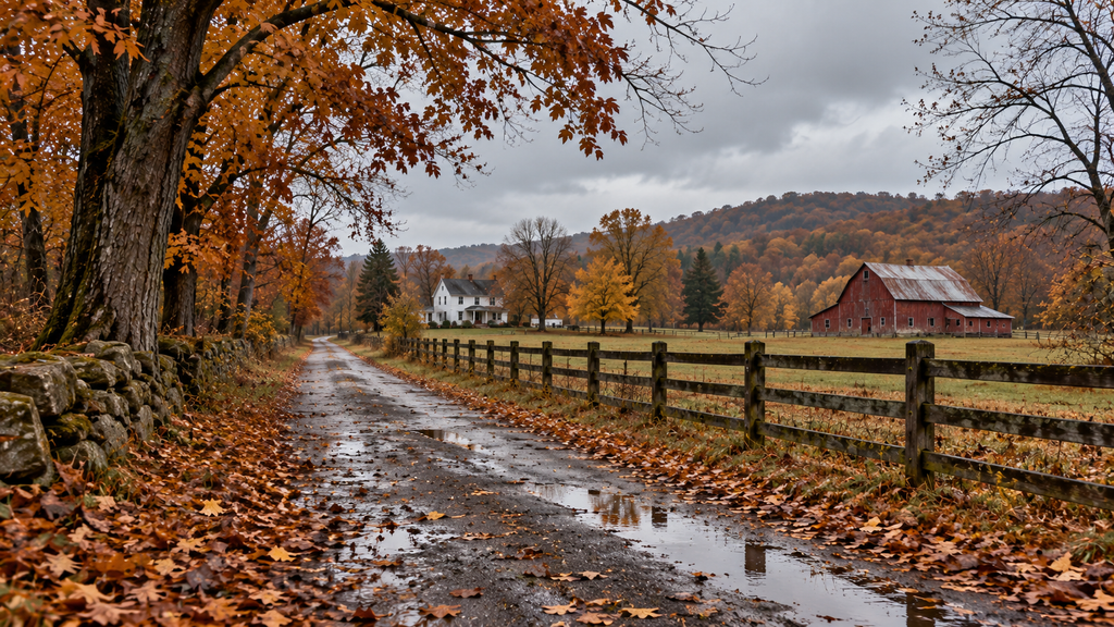 A quiet American country lane in late October after rain, with puddles and fallen leaves, a wooden fence, a white farmhouse, a red barn, and rolling hills covered in muted autumn foliage beneath a gray sky