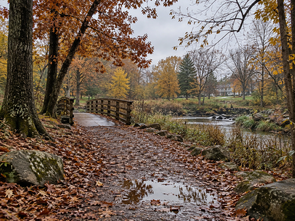 A quiet late-October park path after rain, covered with fallen leaves and puddles, leading toward a small wooden footbridge beside a calm creek, with autumn trees and a distant house under a gray sky