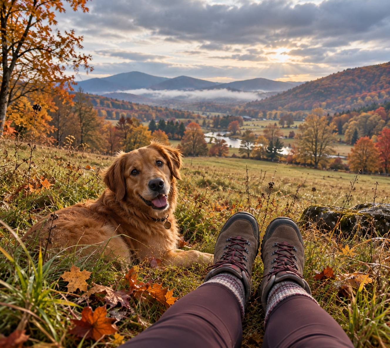 A woman and her golden retriever resting while walking through an autumn valley, with hiking boots, colorful countryside, a winding river, and misty mountains beyond