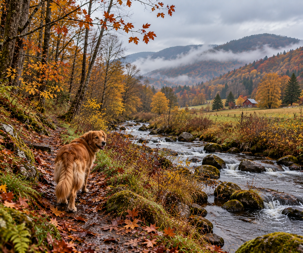 A golden retriever walks along a muddy autumn path beside a rocky creek, glancing back toward the camera, with fallen leaves, misty hills, and a distant red barn in a quiet American valley