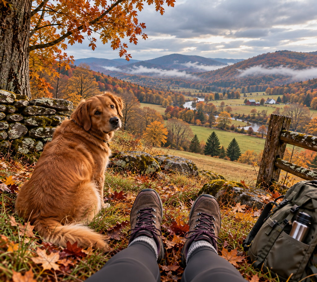 A golden retriever resting beside a woman’s hiking boots on an autumn hillside, looking toward the camera with a wide American valley, winding river, distant farms, colorful fall trees, and misty mountains in the background