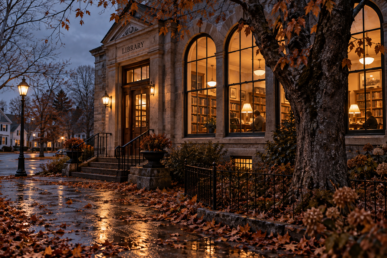 A historic New England library glowing on a wet November evening, with tall windows, fallen leaves, bare trees, and quiet readers inside