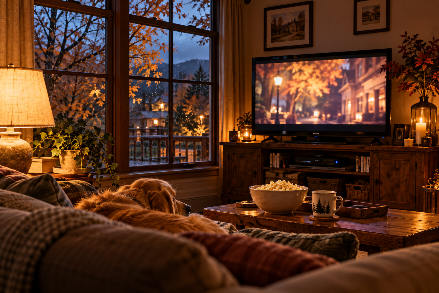 A cozy living room set up for comfort movies on a cold autumn evening, with a glowing television, popcorn, a resting dog, and rainy autumn trees outside