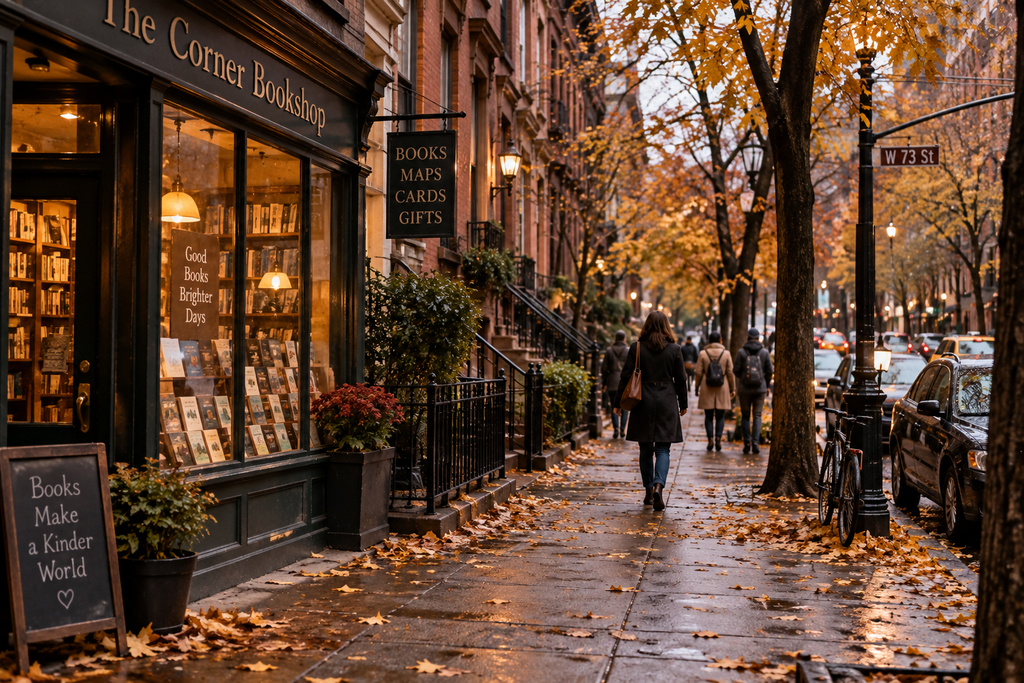 A rainy autumn street in New York lined with brownstones and golden trees, with a warmly lit independent bookshop, pedestrians in coats, wet pavement, parked cars, and a yellow taxi in the distance.