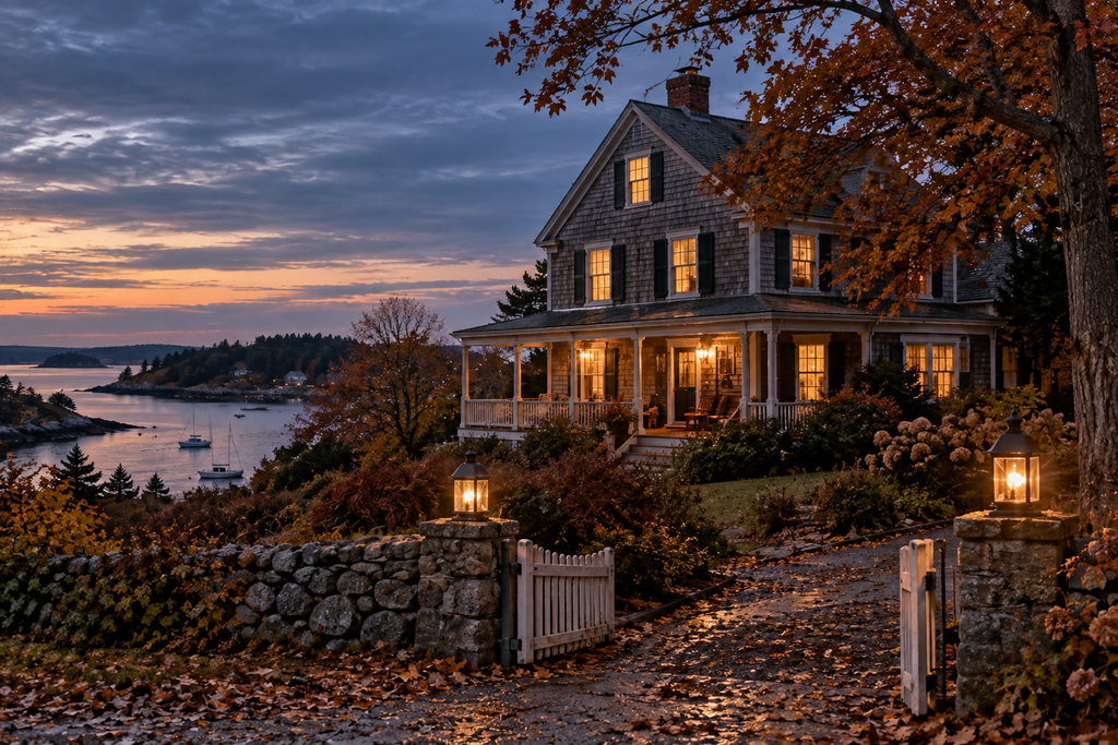 A warmly lit New England coastal house at dusk in late autumn, with glowing windows, a wet leaf-covered drive, stone walls, autumn trees, and a quiet bay with boats in the distance