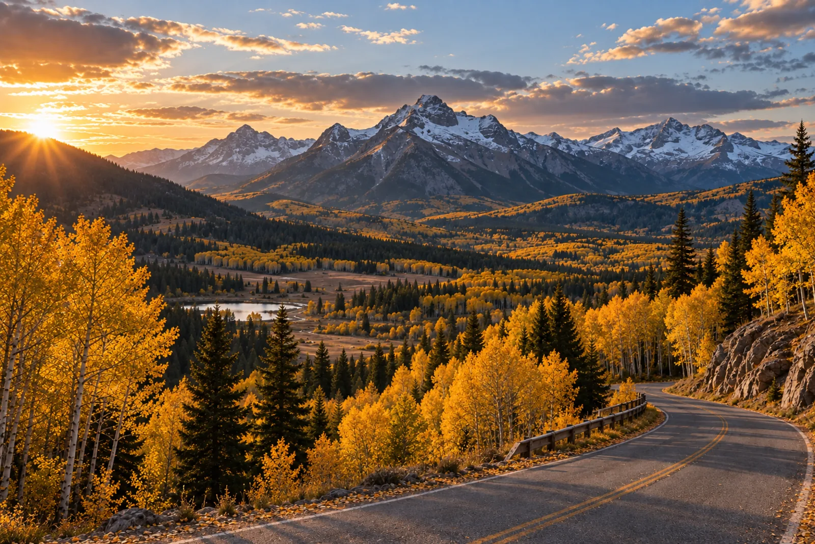 A winding mountain road through golden aspens in Colorado during autumn, with snow-dusted peaks rising in the distance