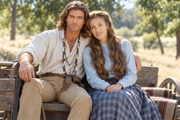A frontier couple sitting closely together on a rustic wagon in a sunlit meadow, dressed in nineteenth-century clothing