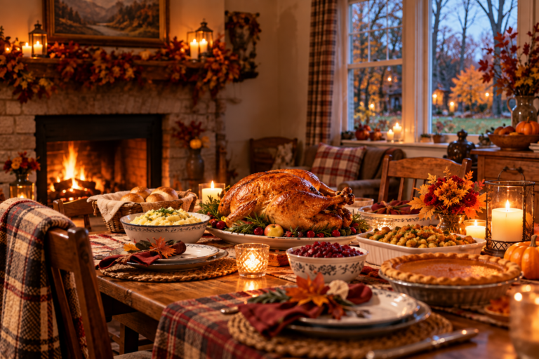 A cozy Thanksgiving dinner table with roast turkey, stuffing, mashed potatoes, cranberry sauce, pumpkin pie, candles, and a glowing fireplace in a warm autumn home