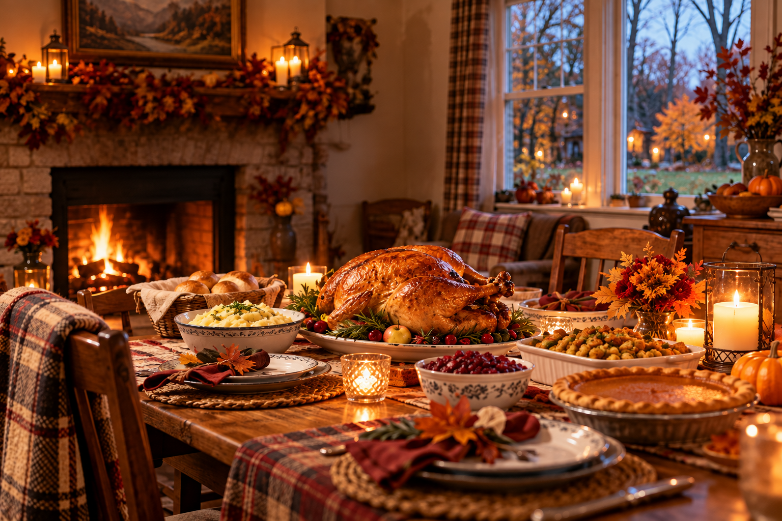 A cozy Thanksgiving dinner table with roast turkey, stuffing, mashed potatoes, cranberry sauce, pumpkin pie, candles, and a glowing fireplace in a warm autumn home