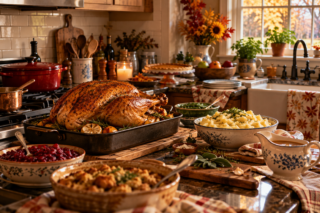 A warm Thanksgiving kitchen with a roasted turkey, mashed potatoes, stuffing, cranberry sauce, gravy, pie, and autumn decorations on the counters