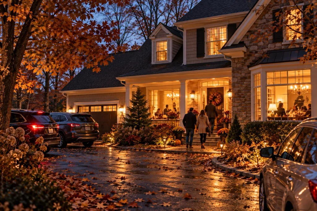 Alt Text:
A warmly lit American home on Thanksgiving evening, with family and guests arriving, cars in the driveway, autumn leaves, and glowing windows