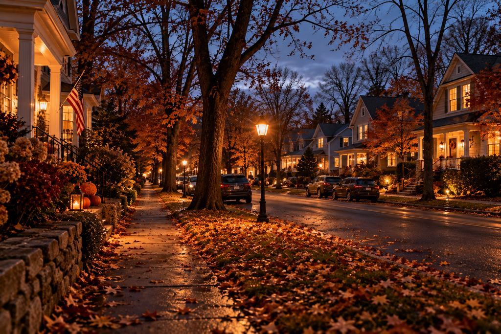 A quiet American neighborhood on Thanksgiving evening with glowing homes, wet streets, fallen autumn leaves, pumpkins, and warm porch lights beneath a deep blue sky