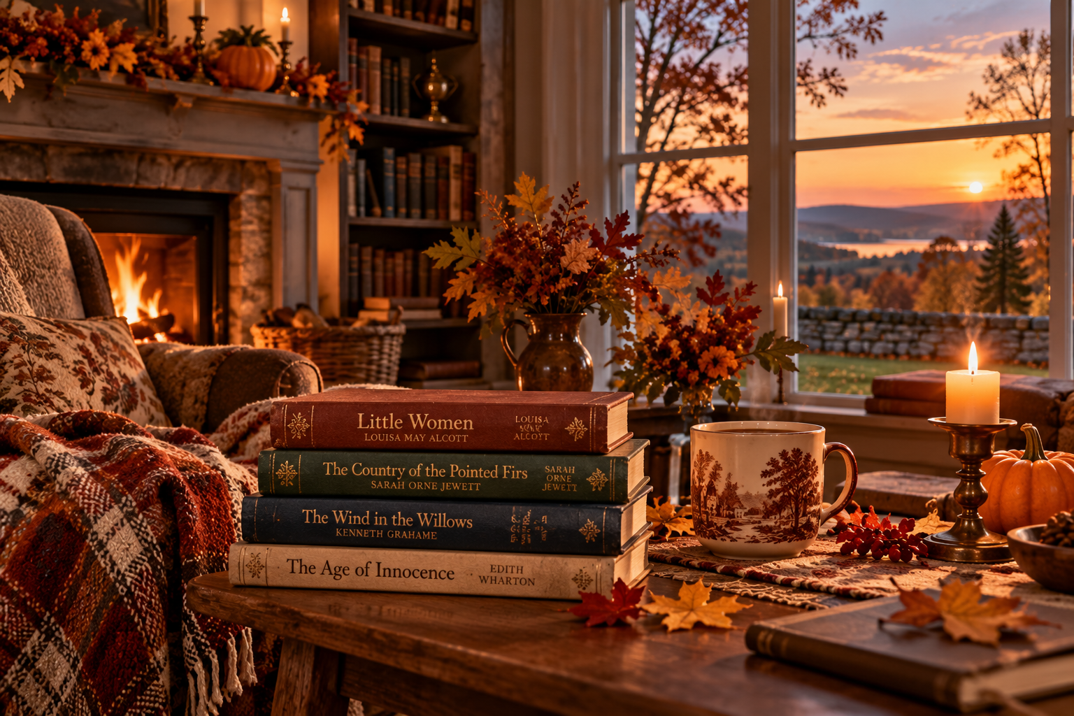A cozy autumn reading nook with vintage books, a glowing fireplace, pumpkin pie, candles, a warm drink, and a sunset view through the window