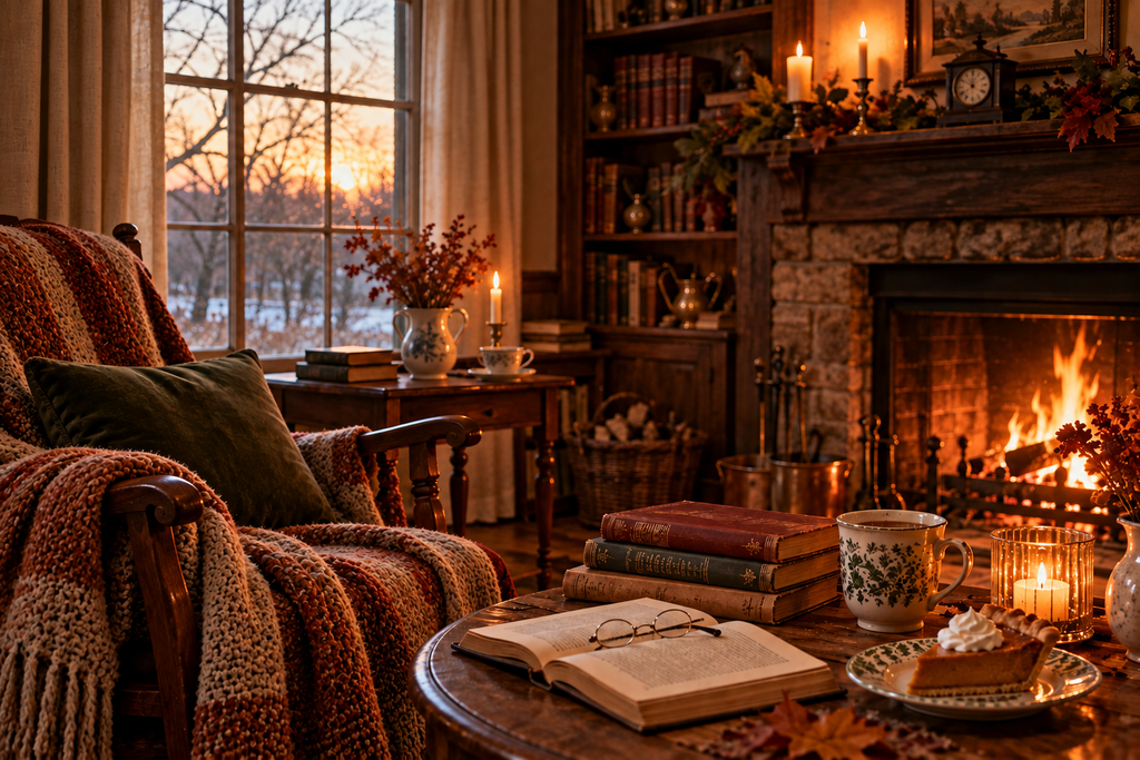 A cozy late-autumn reading nook with vintage books, an open book and glasses, a warm drink, pumpkin pie, candles, and a glowing stone fireplace beside a window at sunset