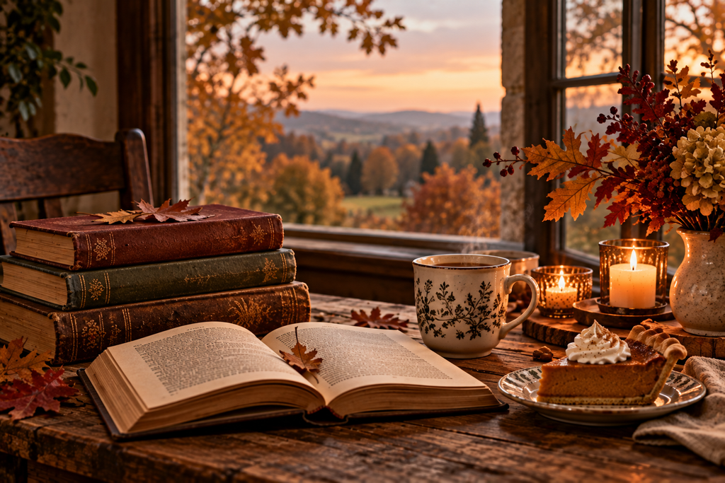 A cozy late-autumn reading table with an open book, vintage classics, a warm drink, pumpkin pie, candles, and autumn foliage beside a window overlooking a golden countryside sunset