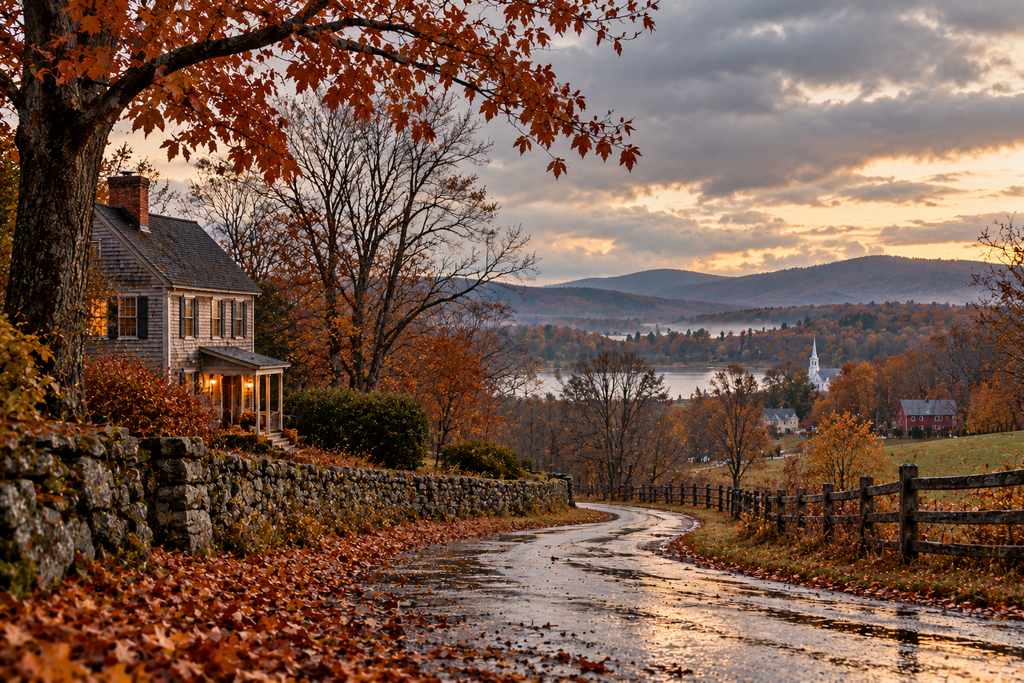 A quiet late-autumn hillside road overlooking a New England village, with a weathered farmhouse, mostly bare trees, stone walls, fading rust-colored leaves, and soft light over the valley and lake