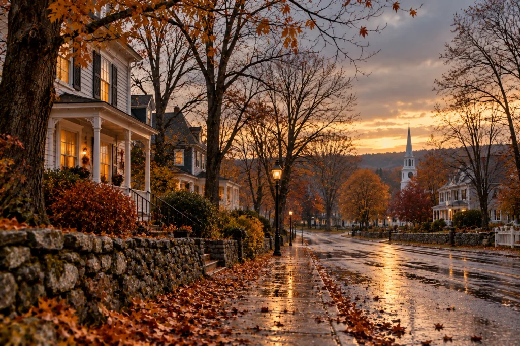 A quiet late-autumn New England street after rain, with bare trees, fallen leaves, glowing historic homes, a church steeple, and wet pavement reflecting the evening light