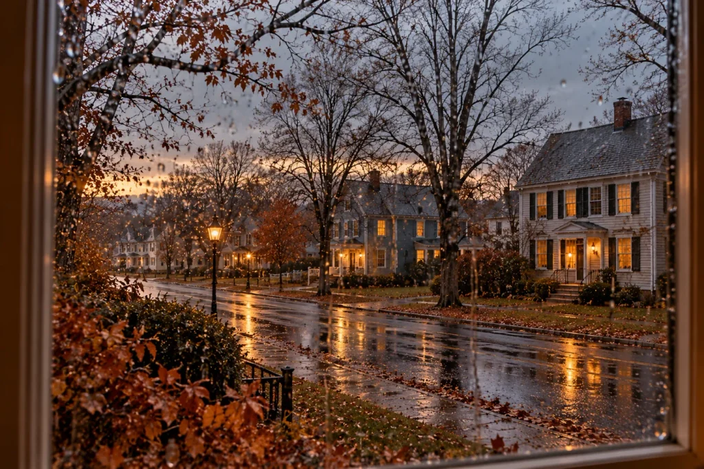 A rainy late-autumn view through a window toward a quiet American neighborhood, with bare trees, wet pavement, fallen leaves, glowing homes, and warm streetlights at dusk