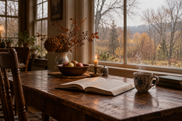 A peaceful late-November morning at home with an open book, a warm drink, candlelight, fruit, and rain on the window overlooking bare trees and fading autumn color
