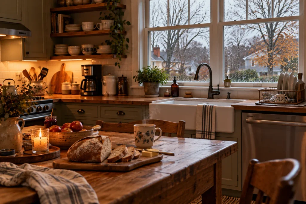A cozy late-November kitchen on a rainy Sunday morning with fresh bread, apples, a warm drink, soft lighting, and bare trees visible through the window