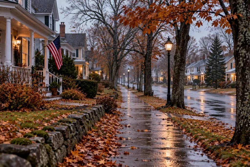 A quiet late-November American neighborhood with wet sidewalks, mostly bare trees, fallen rust-colored leaves, modest clapboard homes, and soft gray afternoon light
