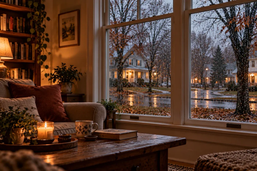 A cozy late-November living room with warm lamplight and a rain-streaked window overlooking a quiet American neighborhood with bare trees, wet pavement, fallen leaves, and glowing homes at dusk.