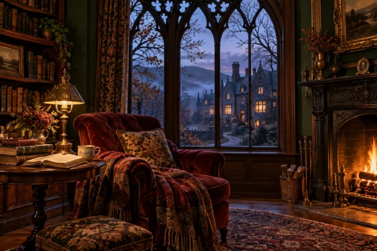 Cozy reading room for Gothic classics for dark November evenings, with antique books, a fireplace, and a misty manor outside