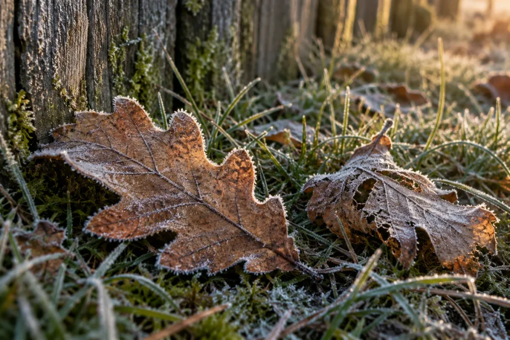 Frost-covered brown leaves beside a weathered wooden fence on a cold November morning