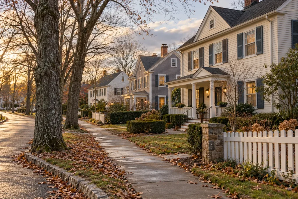 Old clapboard farmhouse beneath bare trees, with warm windows and late November sunlight