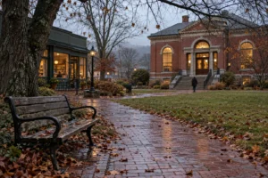 Wet brick path beside a wooden bench, leading toward a warmly lit library and café beneath mostly bare trees