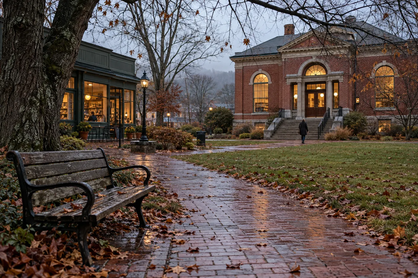Wet brick path beside a wooden bench, leading toward a warmly lit library and café beneath mostly bare trees