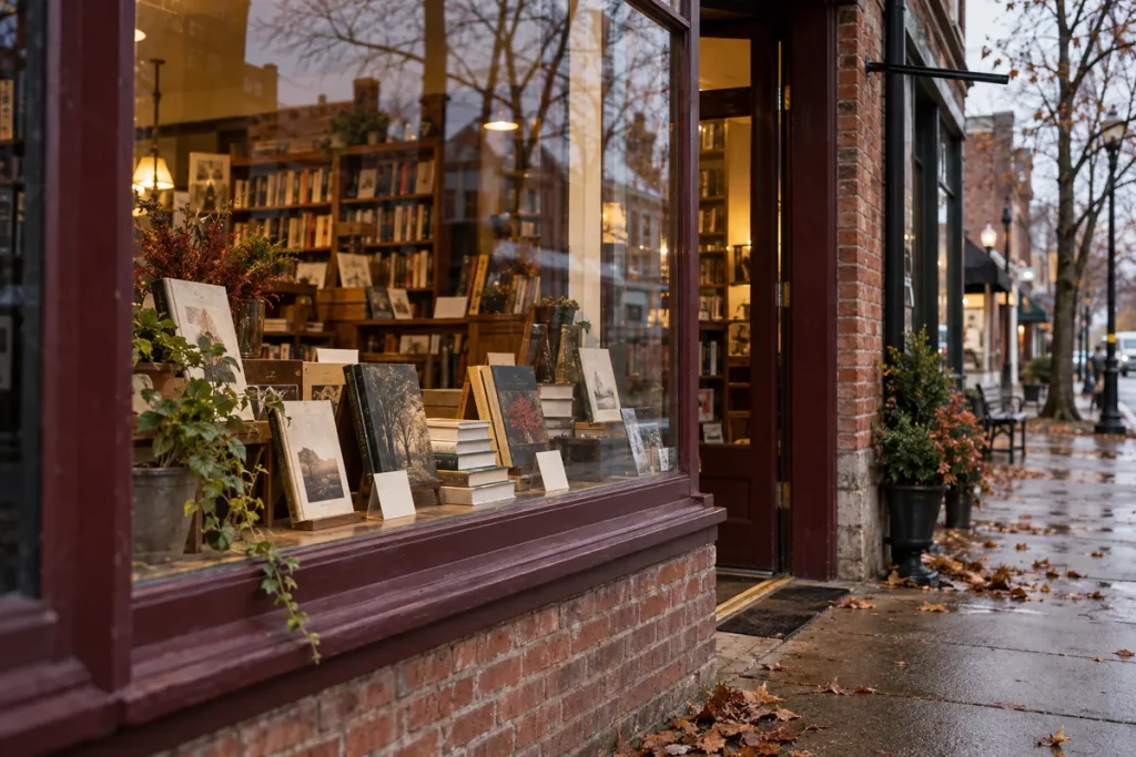 Books in a warmly lit shop window, with bare trees reflected in the glass and fallen leaves on the damp sidewalk