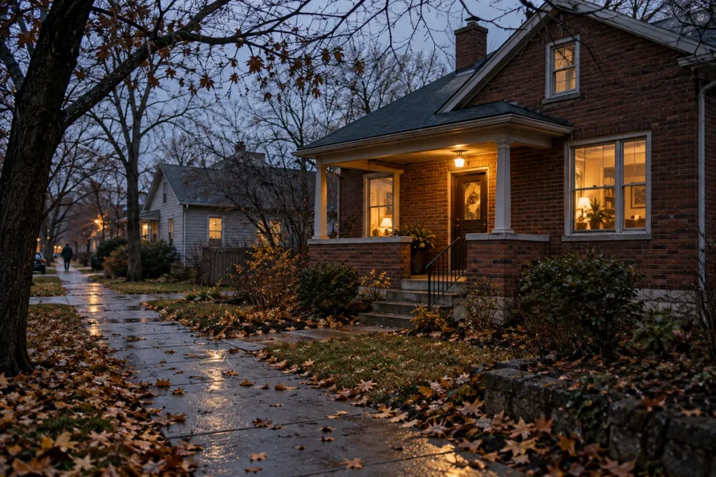 A brick house with glowing windows and a warm porch light beside a leaf-strewn sidewalk at dusk