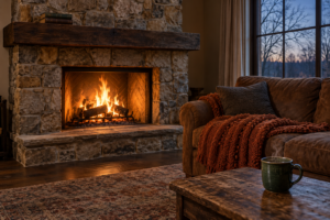 : A soft blanket and ceramic tea mug beside a couch and glowing brick fireplace on a cold November evening