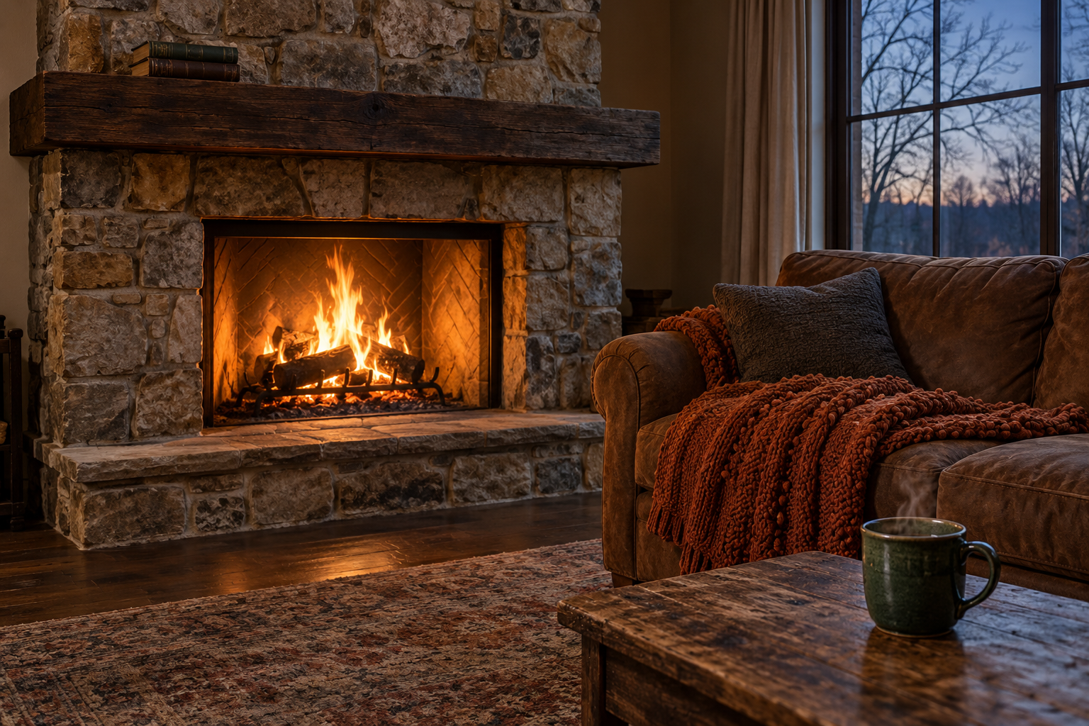 : A soft blanket and ceramic tea mug beside a couch and glowing brick fireplace on a cold November evening