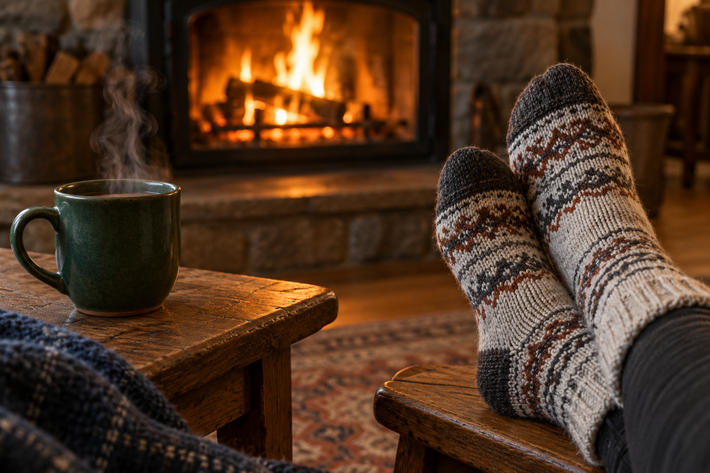 Feet in patterned knit socks resting on a wooden footstool beside a steaming green mug and glowing fireplace