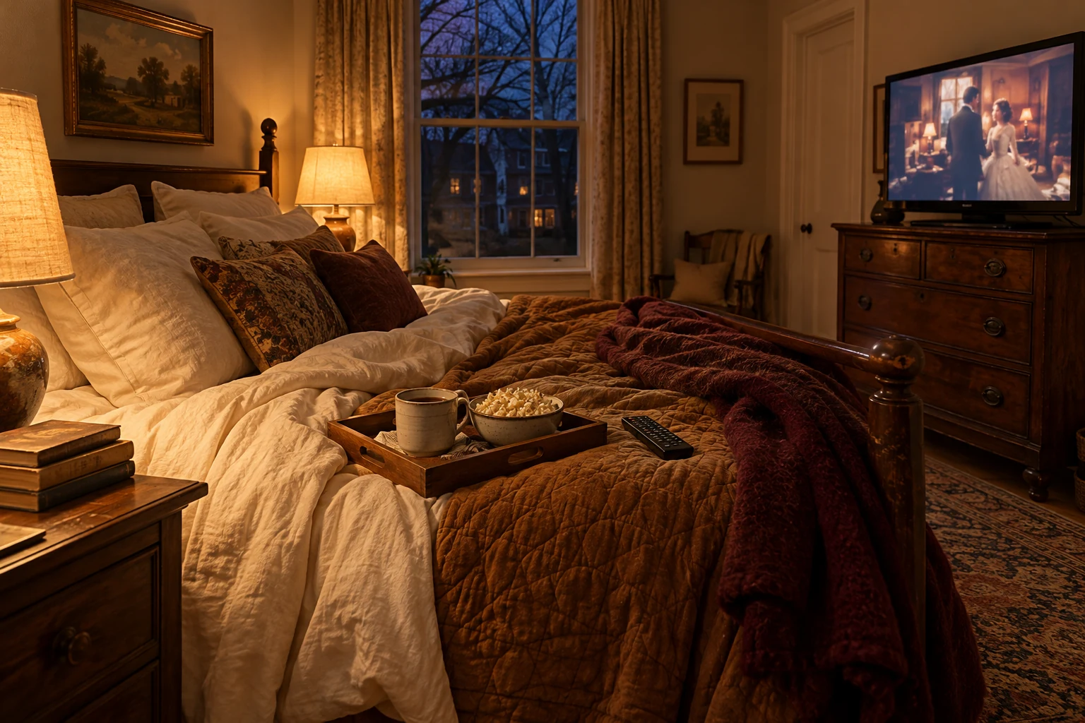 Cozy bedroom ready for watching comfort movies, with warm bedside lamps, tea and popcorn on the bed, and a television at November dusk