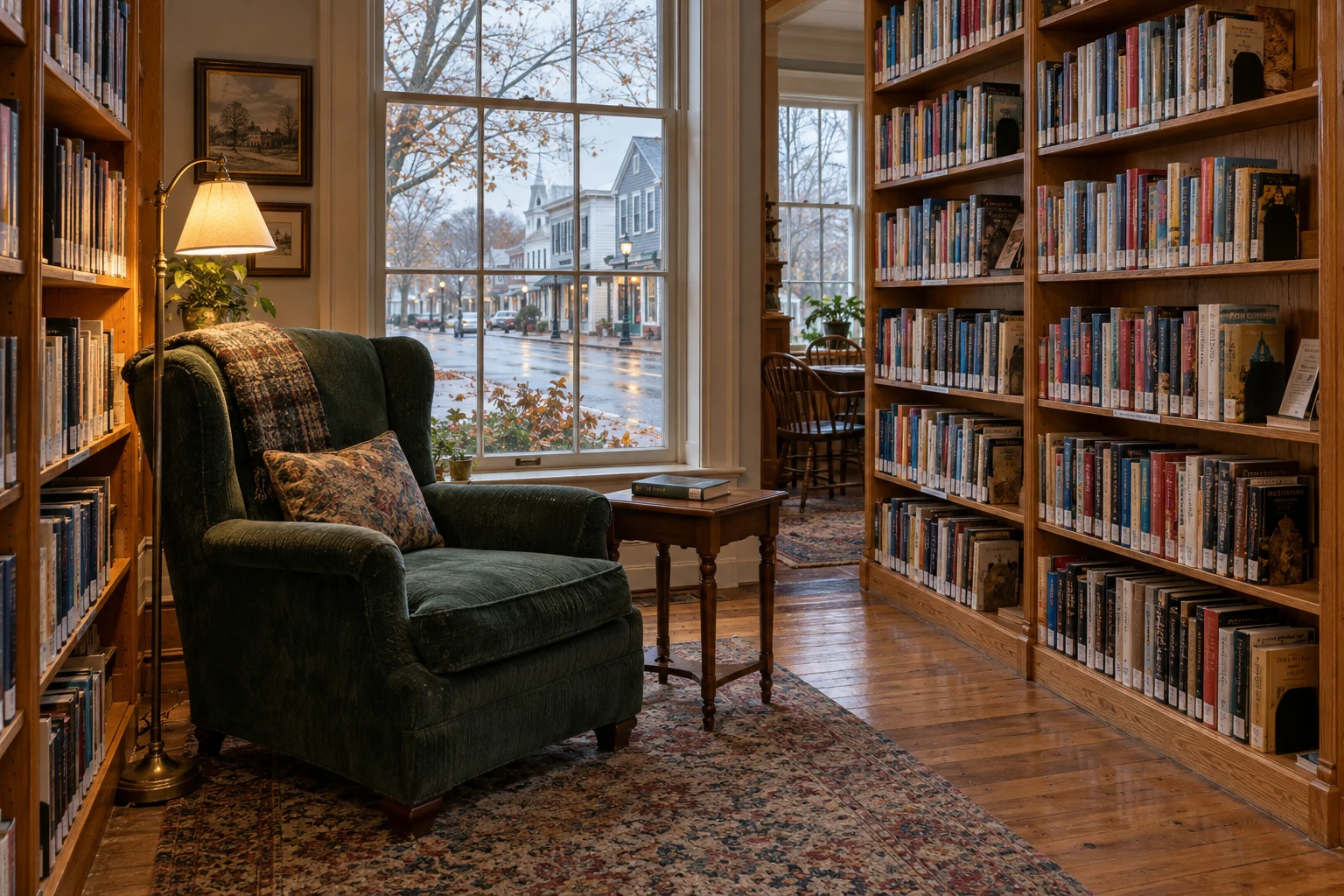 Quiet corners of a small town library with a green reading chair, wooden bookshelves, and a window overlooking a November street