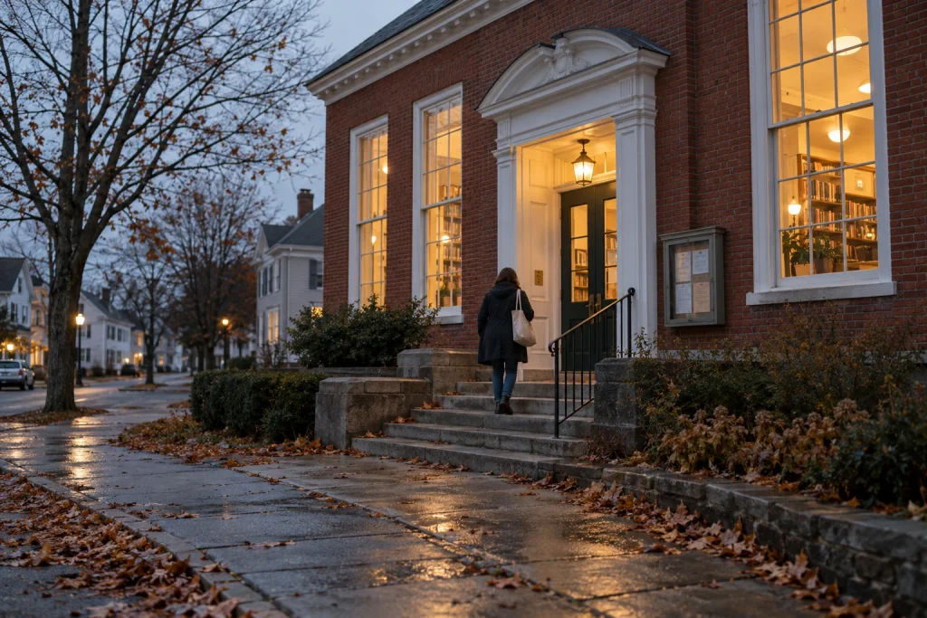 A visitor approaches a red-brick small-town library with glowing windows, wet steps, and fallen November leaves
