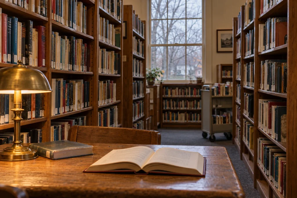 Open book on a wooden reading table beneath a brass lamp, surrounded by library shelves with bare trees outside the window. Quiet corners of a small town library
