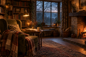 Cozy reading room with an open book, warm fireplace, and woodland views, evoking magical worlds on a November evening