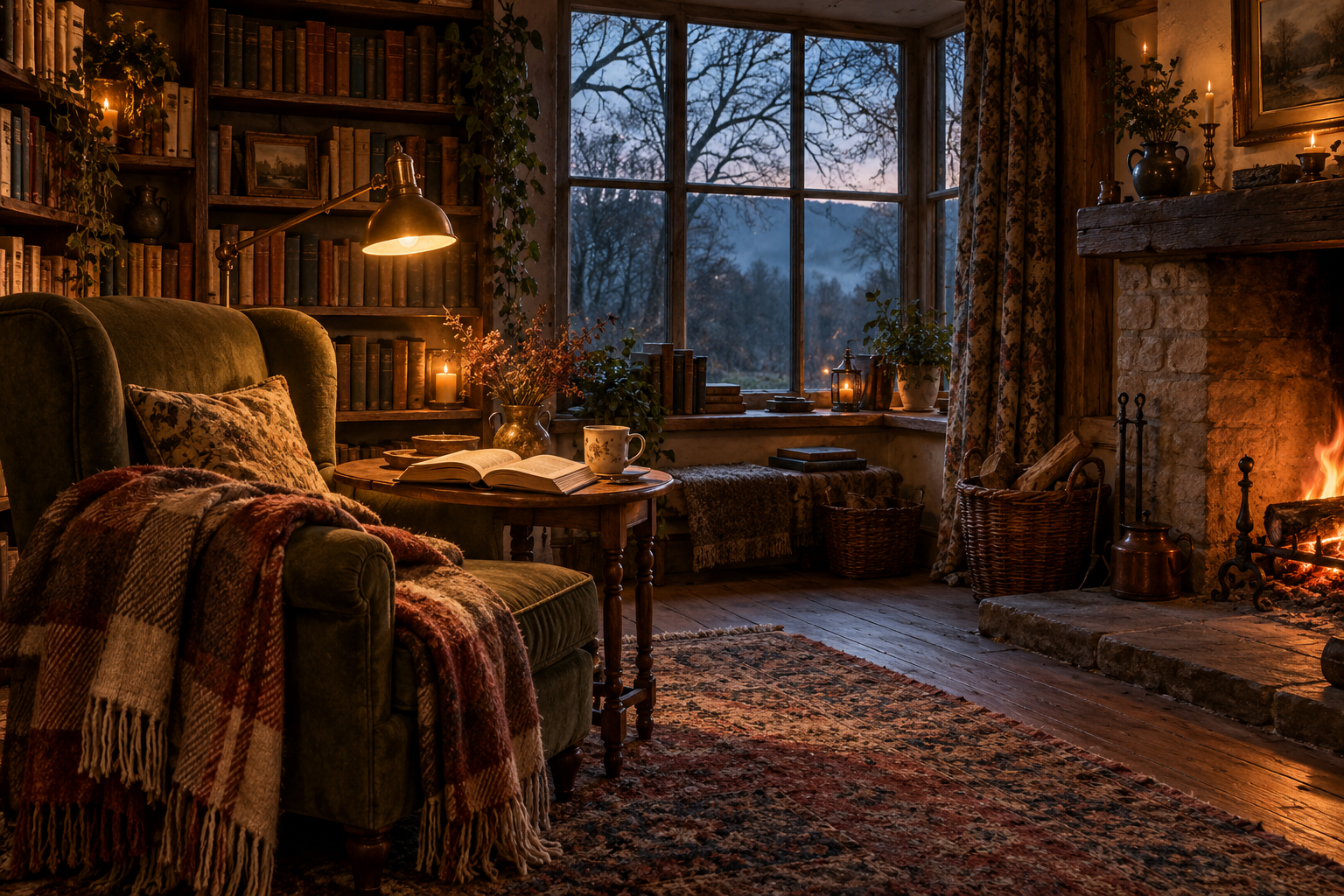 Cozy reading room with an open book, warm fireplace, and woodland views, evoking magical worlds on a November evening