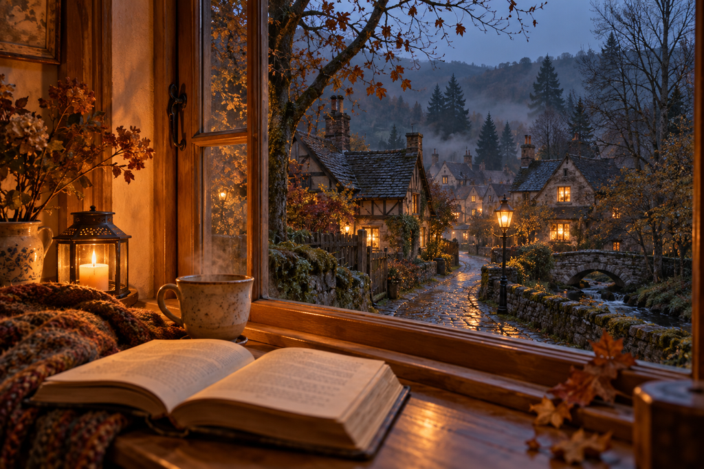 Open book and a steaming mug beside a candlelit window overlooking an old woodland village at dusk