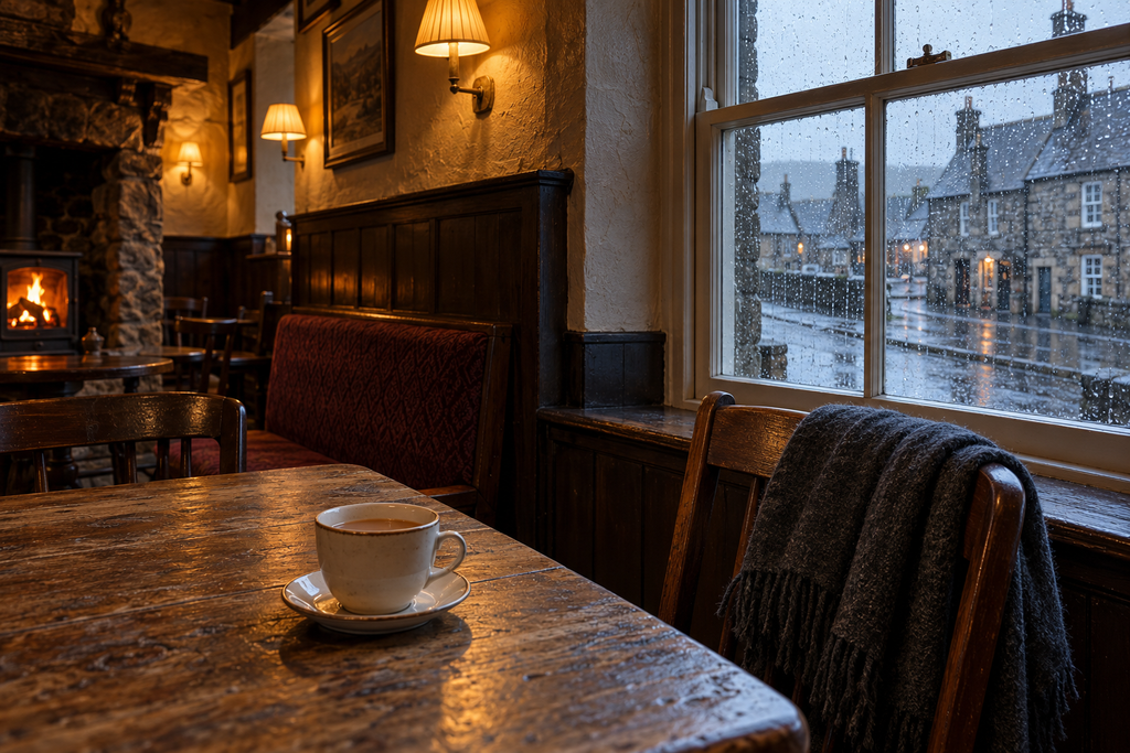 Tea on a wooden pub table beside a wool scarf, with a glowing fire and rain-streaked window
