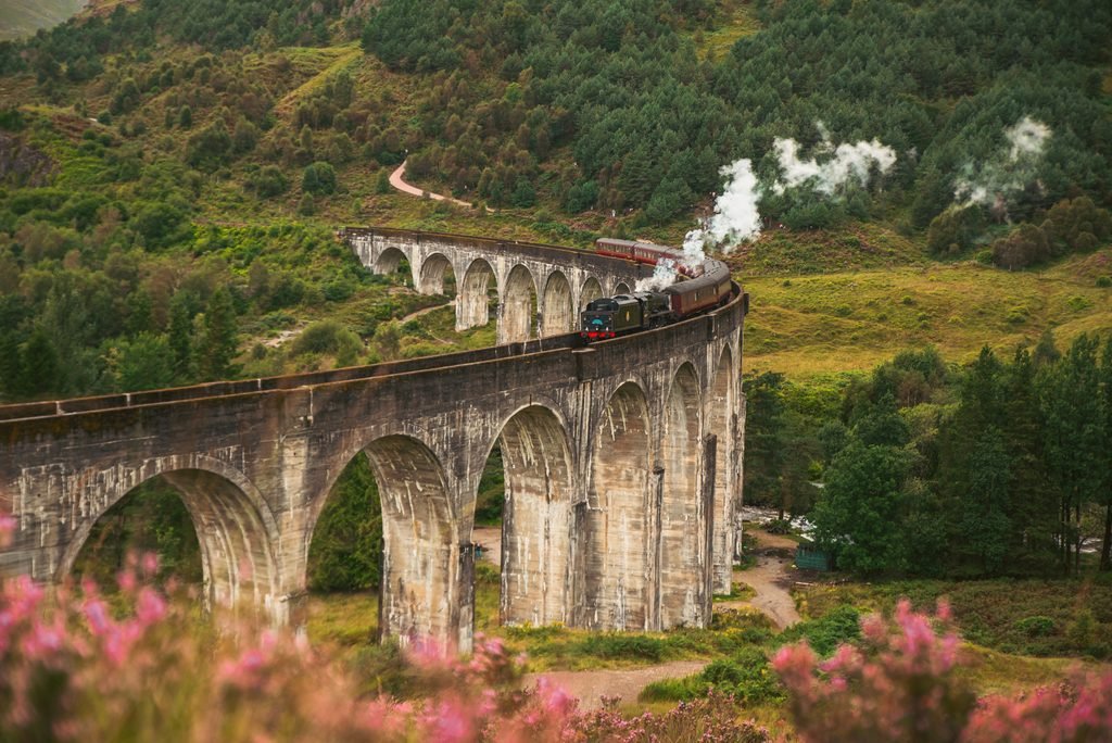 Steam train crossing a curved stone viaduct surrounded by wooded hills and pink flowers