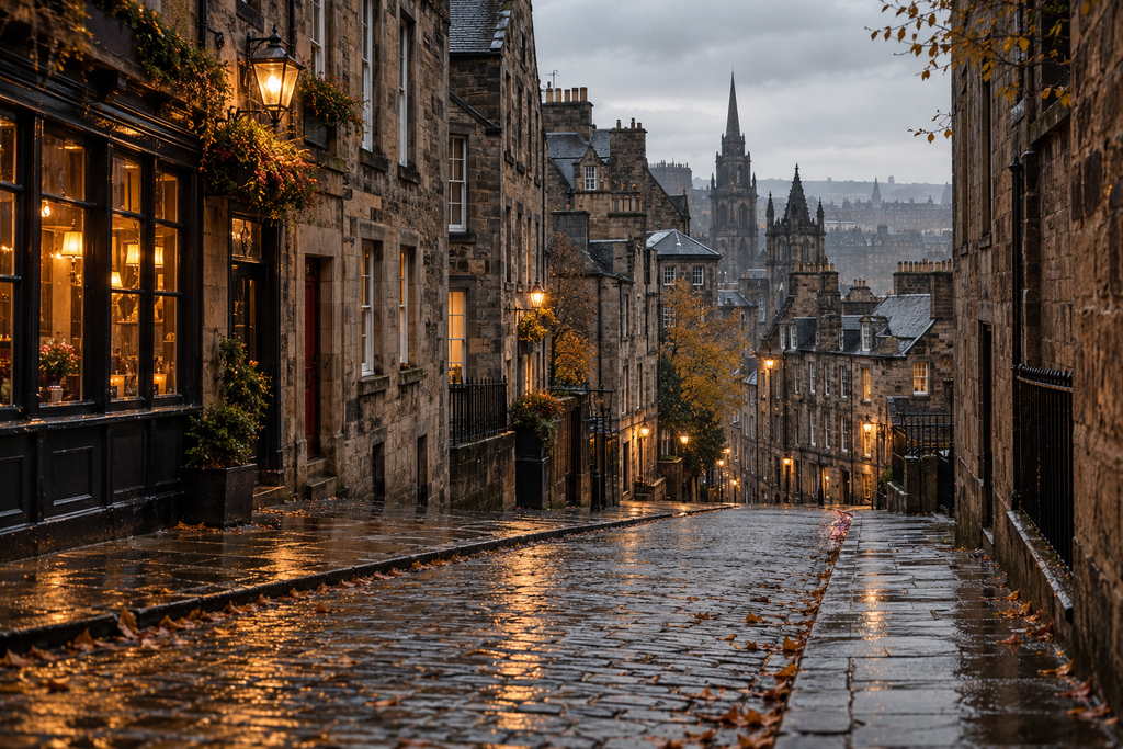 Edinburgh-inspired stone street with wet cobbles reflecting amber lamps beneath a gray sky