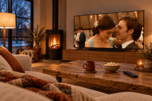 Cozy living room for watching love stories, with Me Before You on the TV, a glowing wood stove, tea, and popcorn